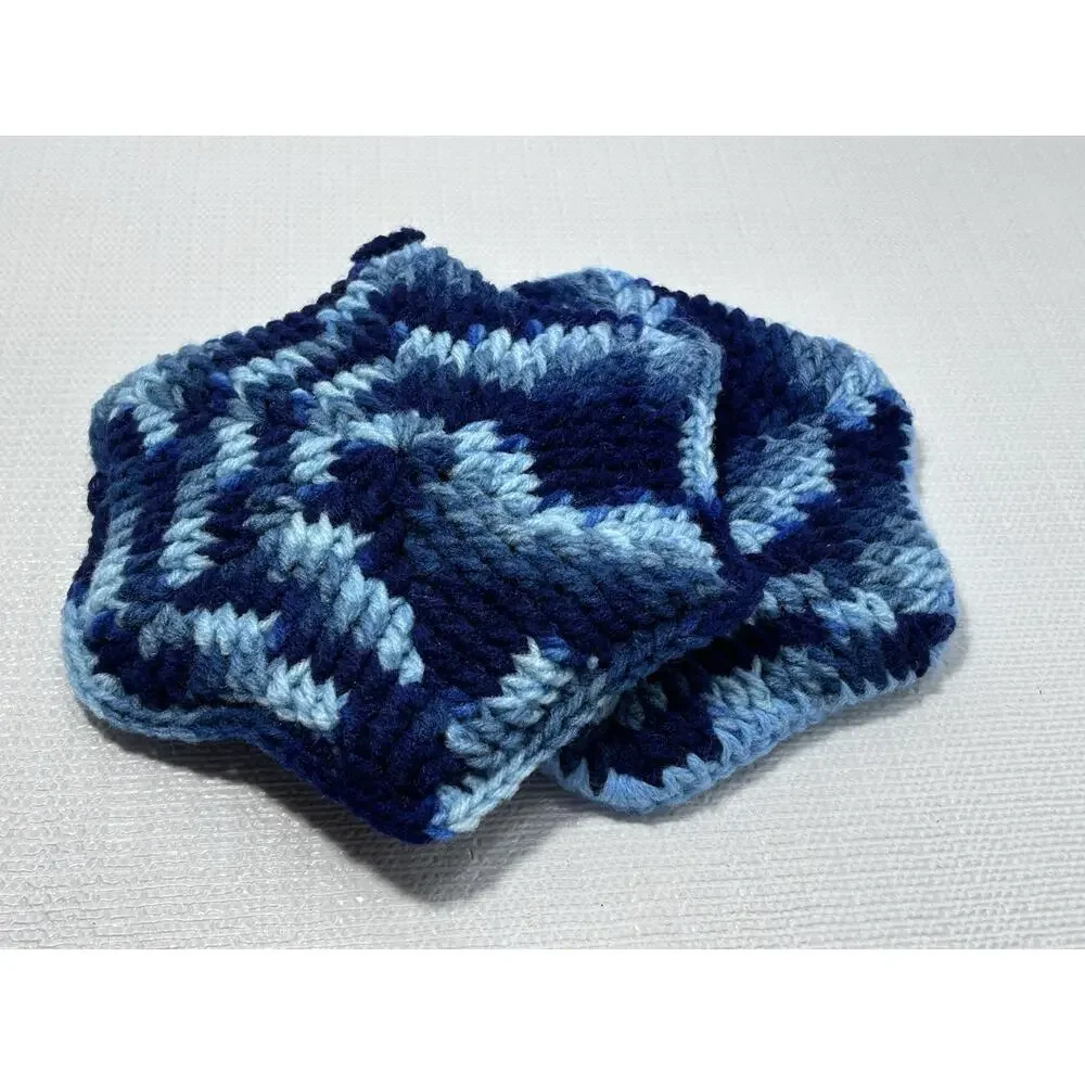 Hand Crocheted Double Thick Hot Pad Pot Holder Pair blue shades‎ VTG Granny Core